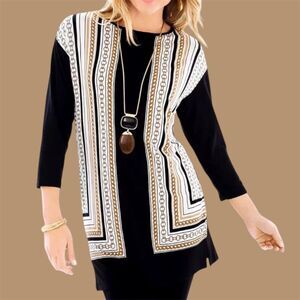 Chico's by Zenergy Women's 3/4 Sleeve Nautical Gold Chain Tunic Top Black Size 2